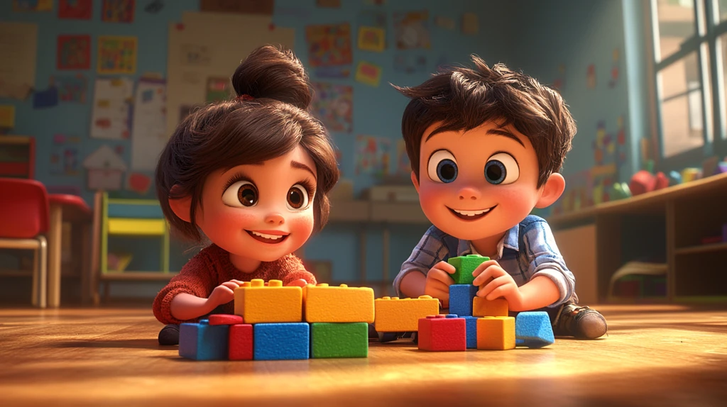 女孩男孩玩积木