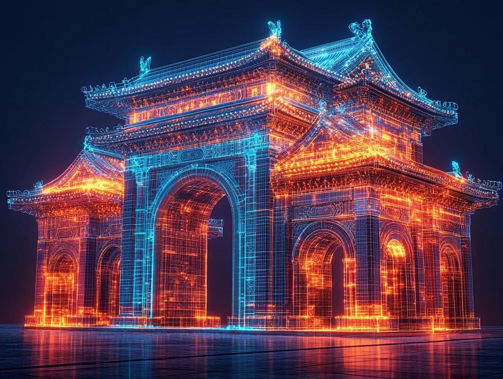 蓝光线条古建结构