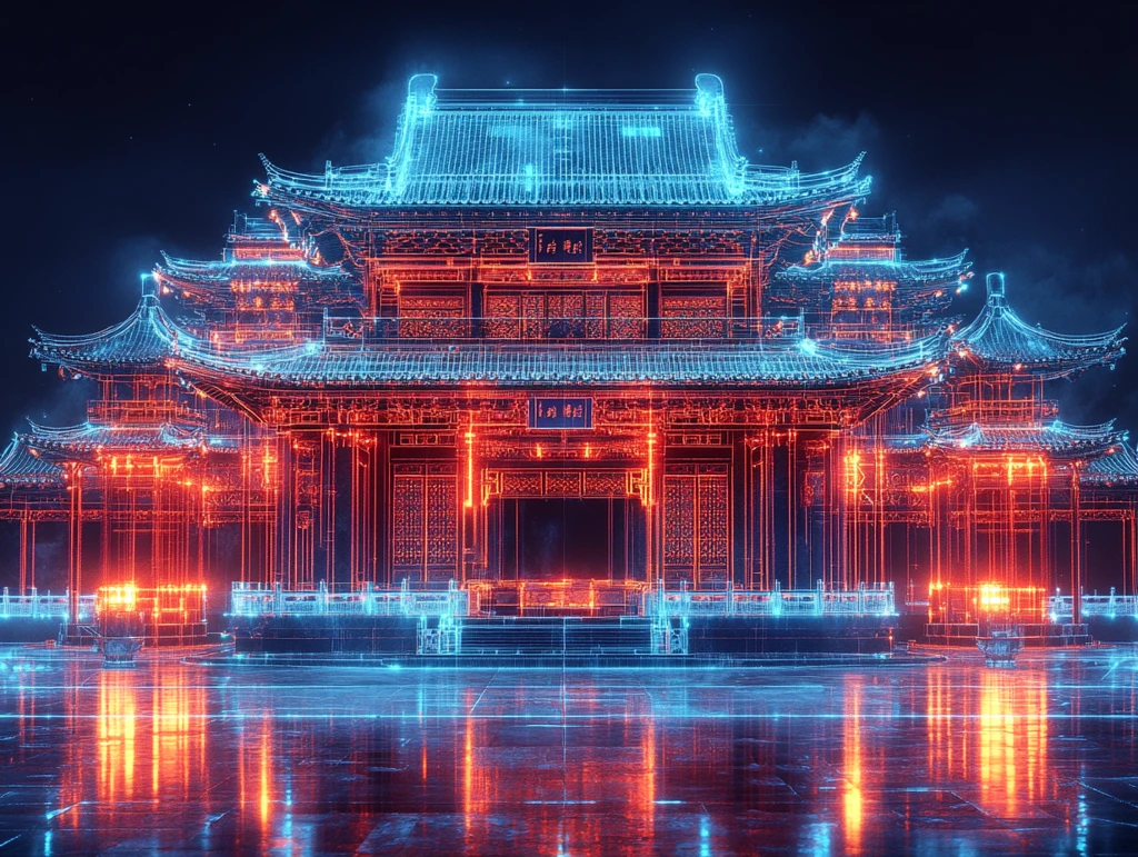 蓝光线条古建结构