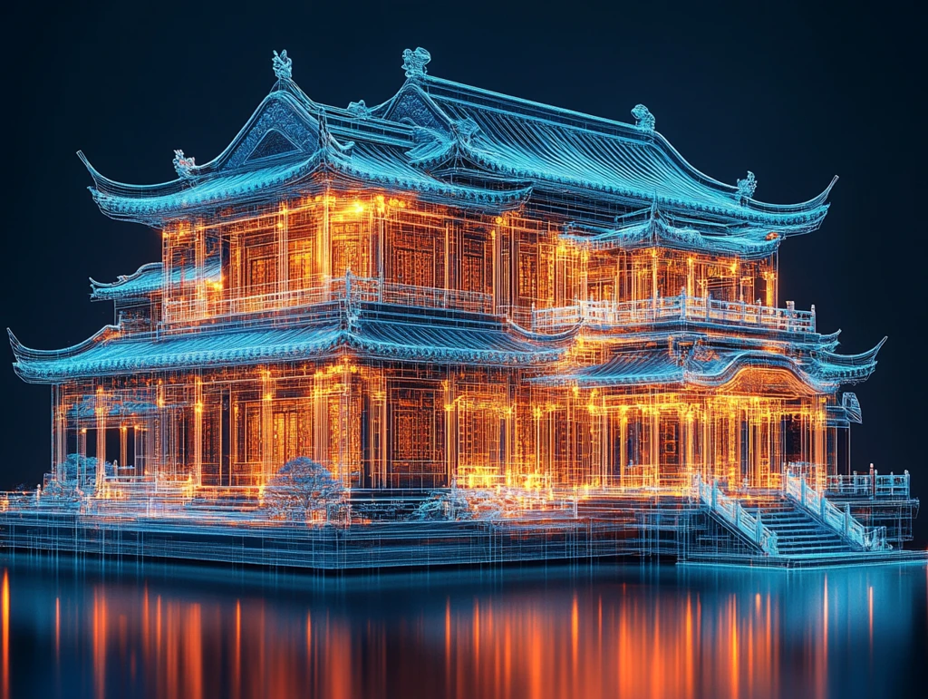 蓝光线条古建结构