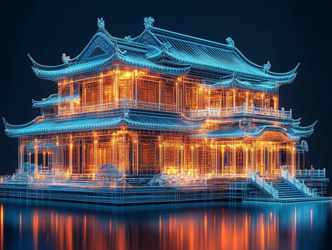 蓝光线条古建结构