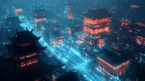 古建筑蓝光线条