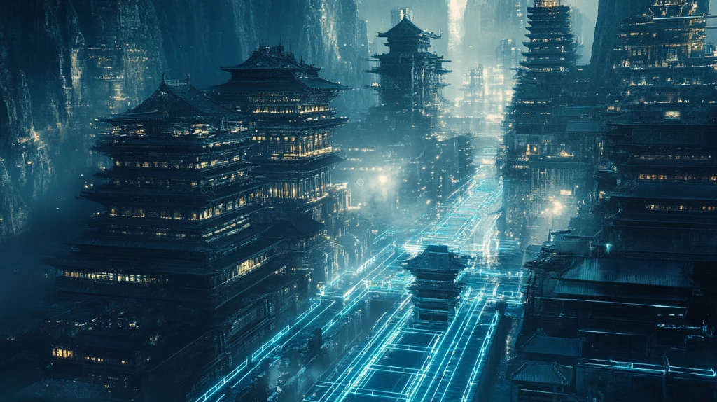 古建筑蓝光线条