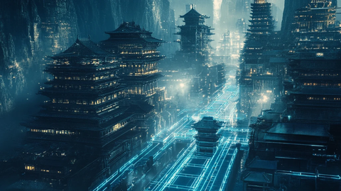 古建筑蓝光线条