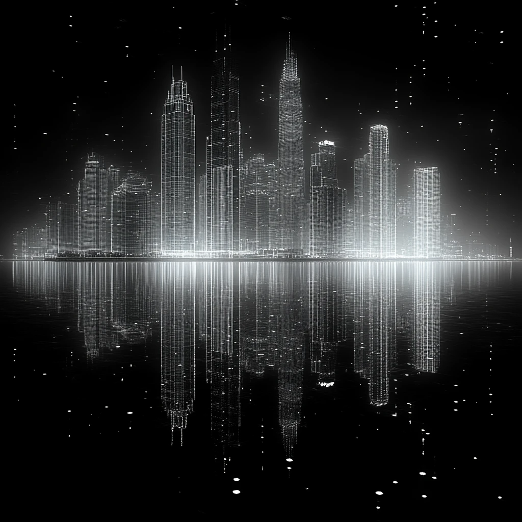 城市夜景线框湖面