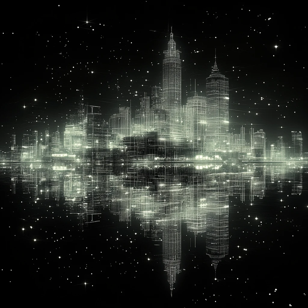 城市夜景线框湖面