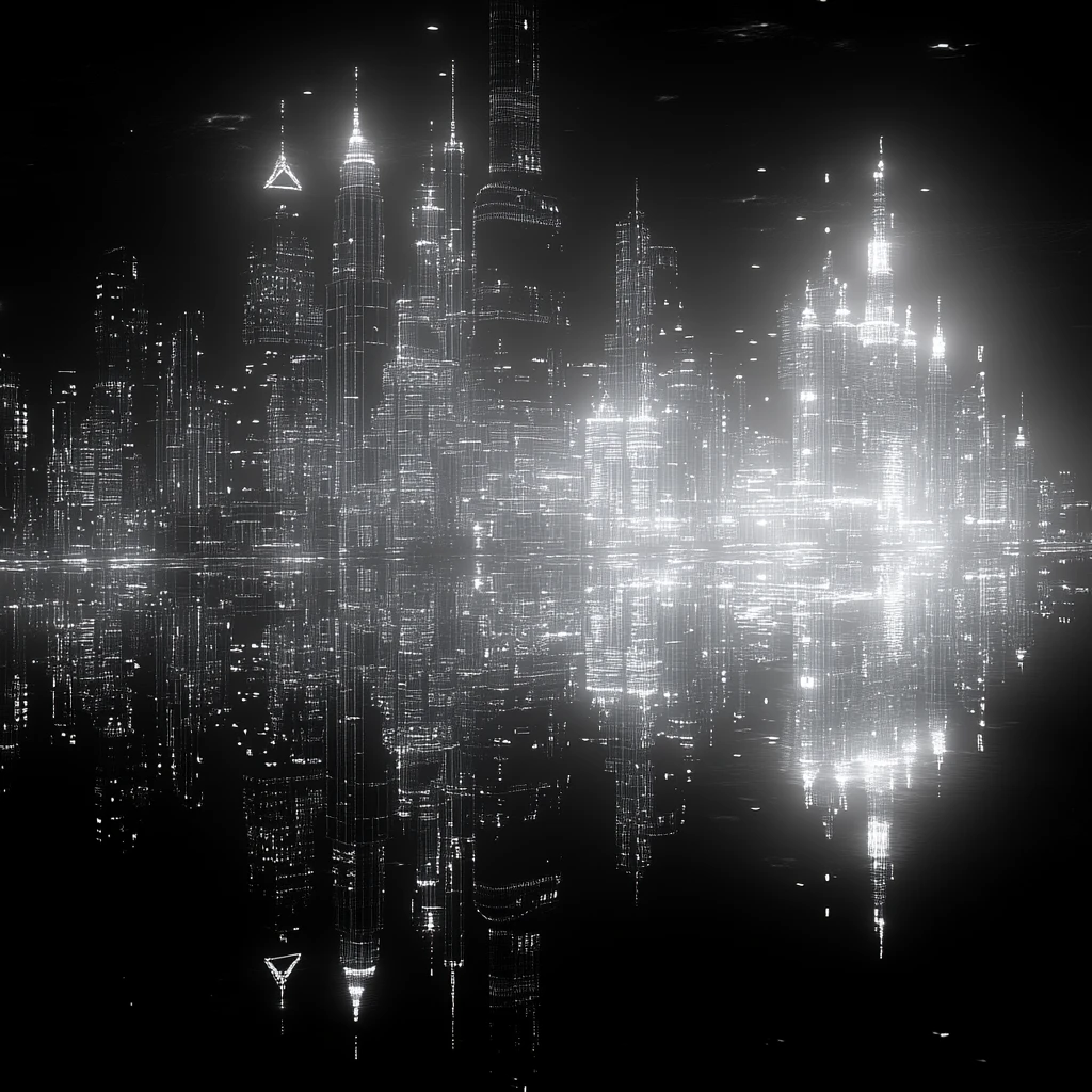 城市夜景线框湖面