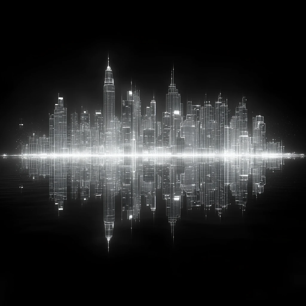 城市夜景线框湖面