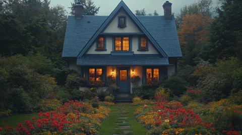 蓝顶白墙房屋封面照