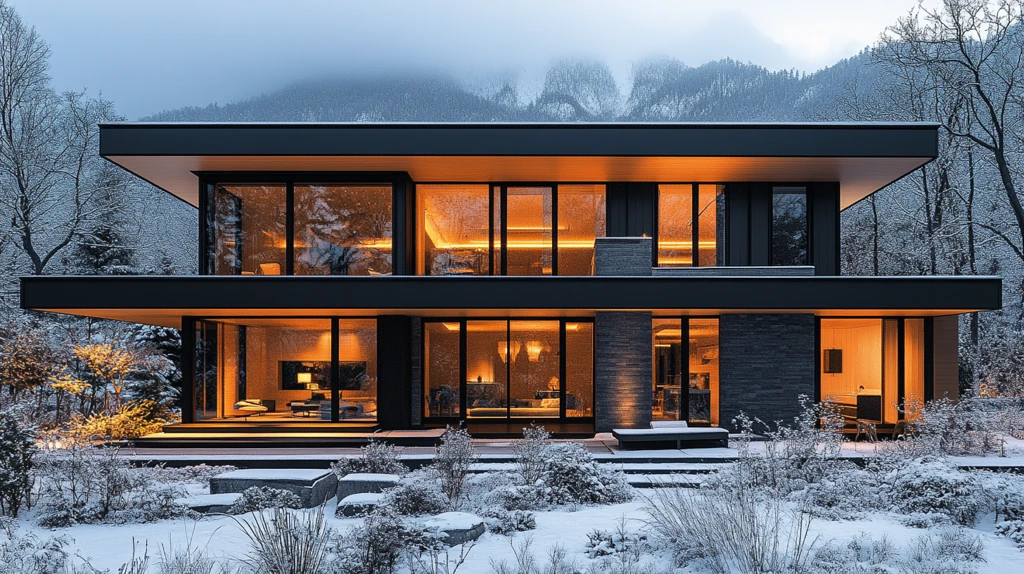 黑色大窗冬夜景