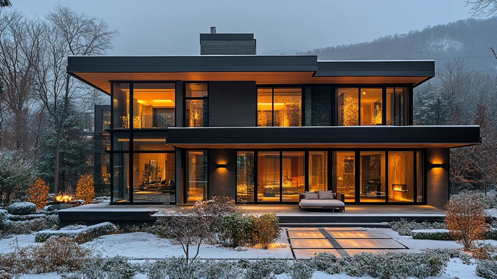 黑色大窗冬夜景