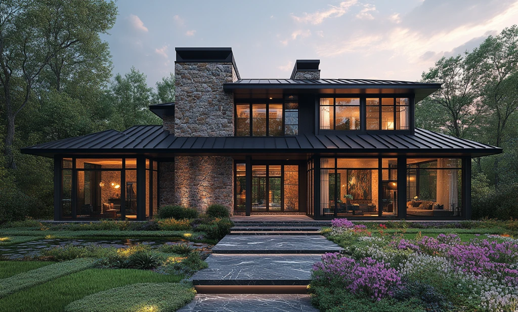 现代农舍黄昏景