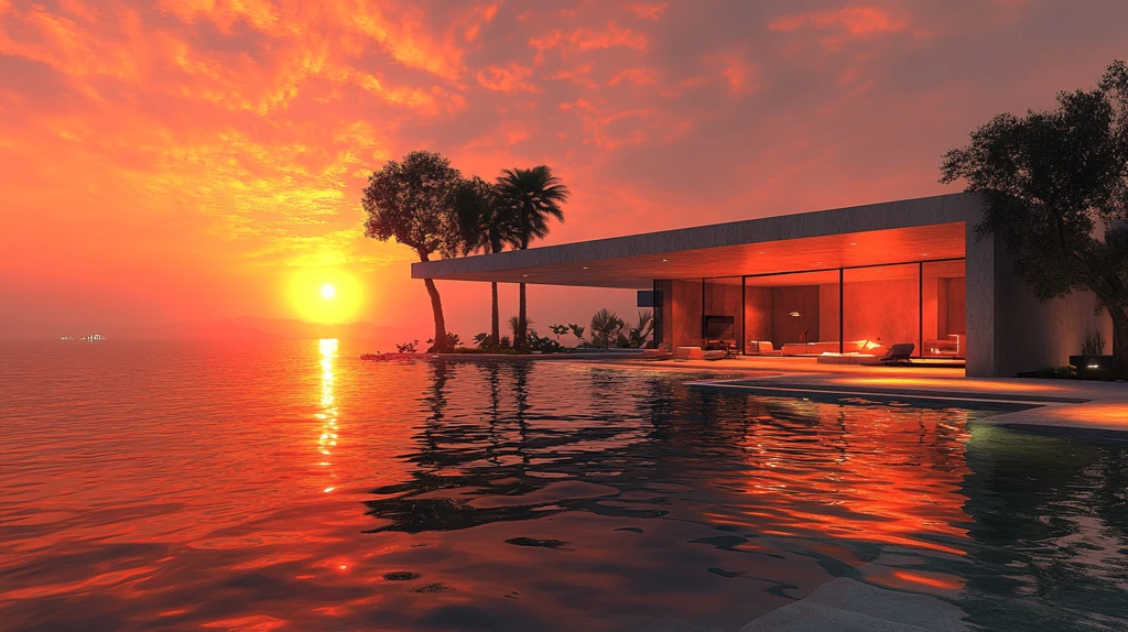 日落时分的现代豪宅