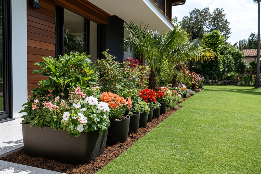 黑色花盆绿草花园