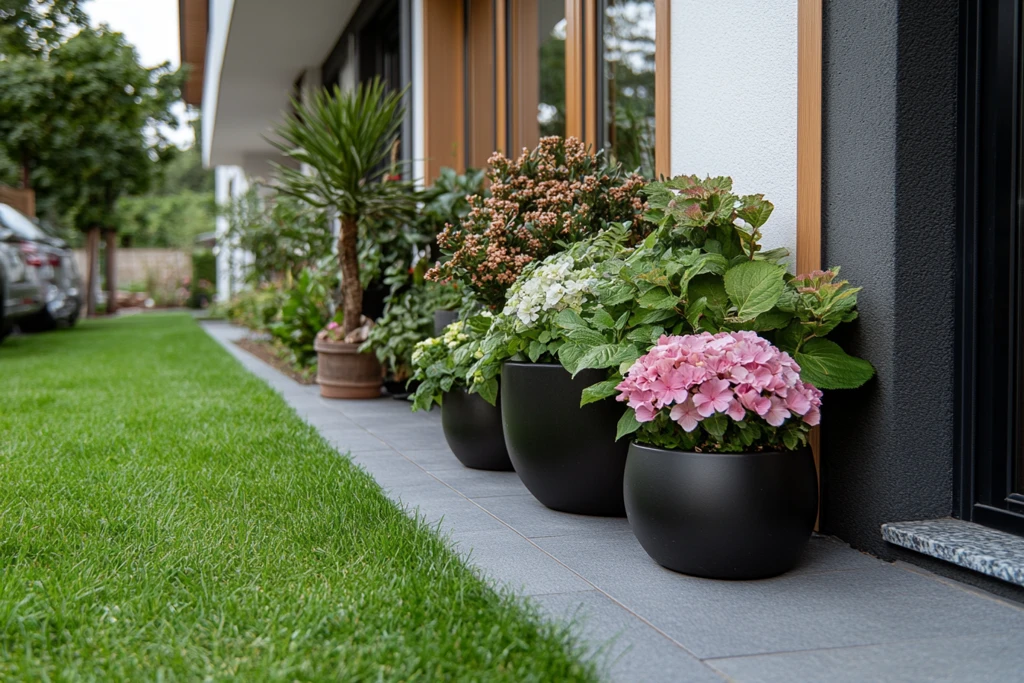 黑色花盆绿草花园