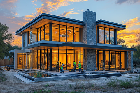 工人安装玻璃幕墙