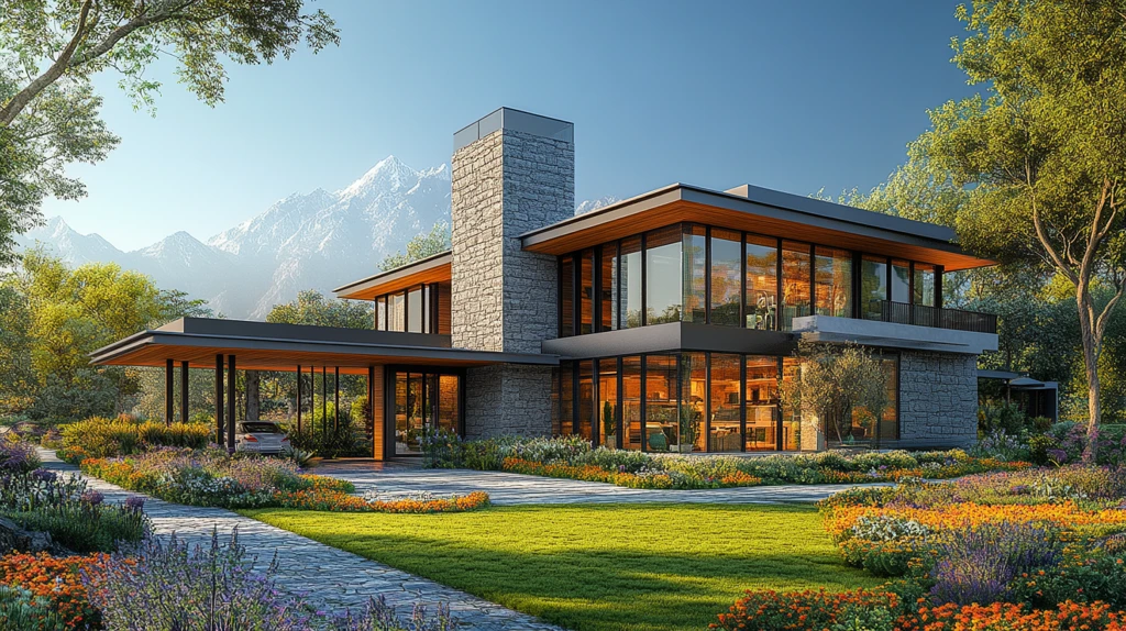 灰色石墙木框别墅