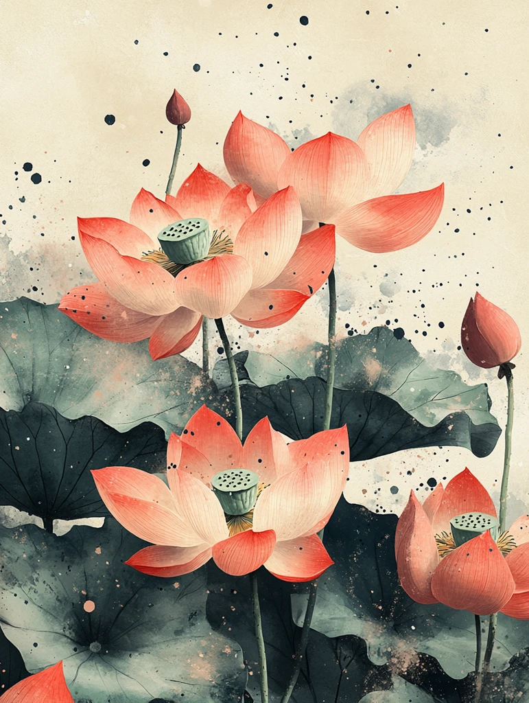 西瓜莲花叶墨画