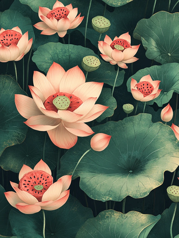 西瓜莲花叶墨画