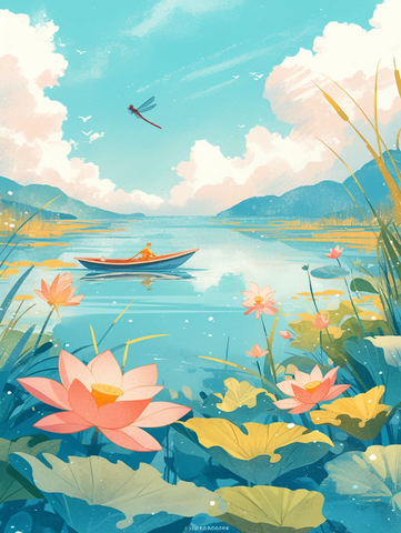 莲花船泊龙虻夏景