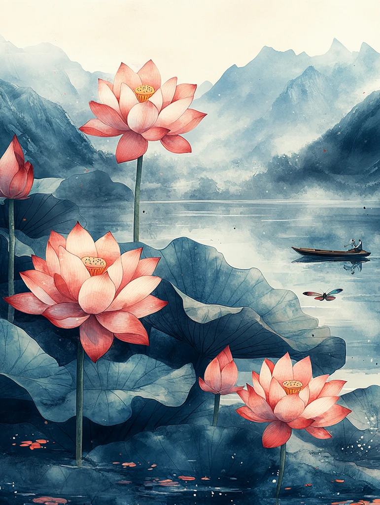 夏日荷塘龙船图