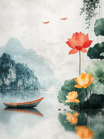 夏日荷塘龙船图