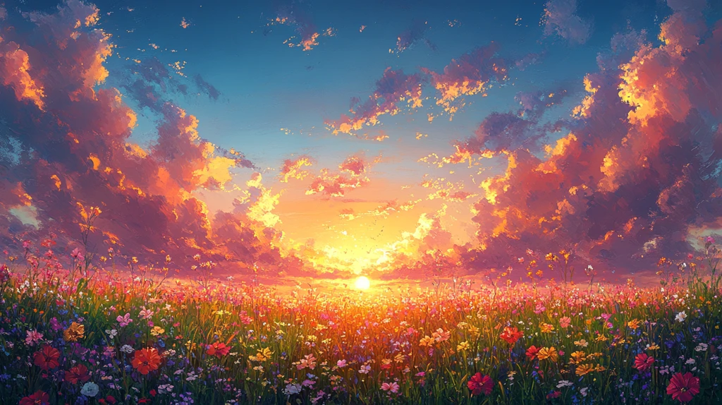 花边草地夕阳图