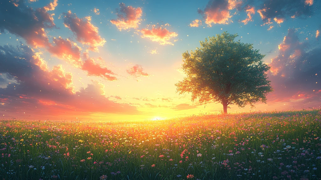 花边草地夕阳图