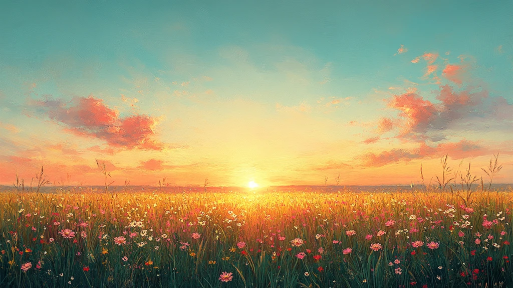 花边草地夕阳图