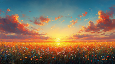 花边草地夕阳图