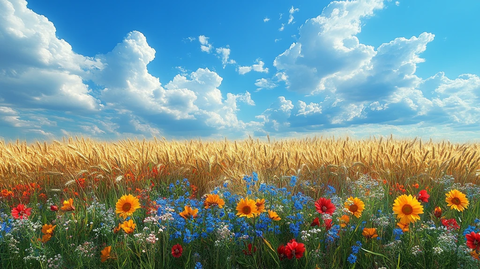 麦田花海蓝天