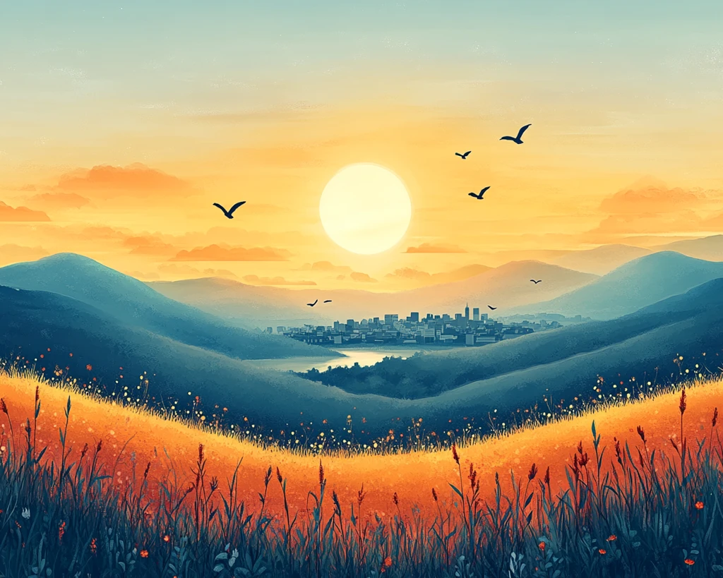 山丘小城阳光画