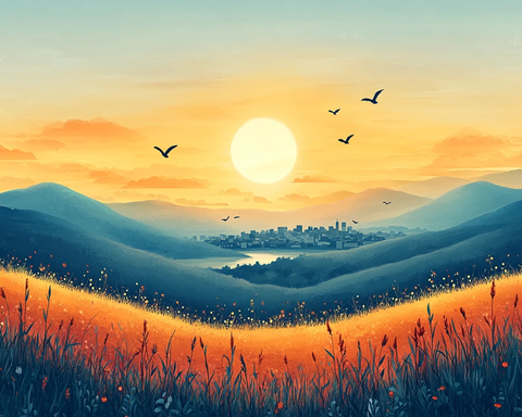 山丘小城阳光画