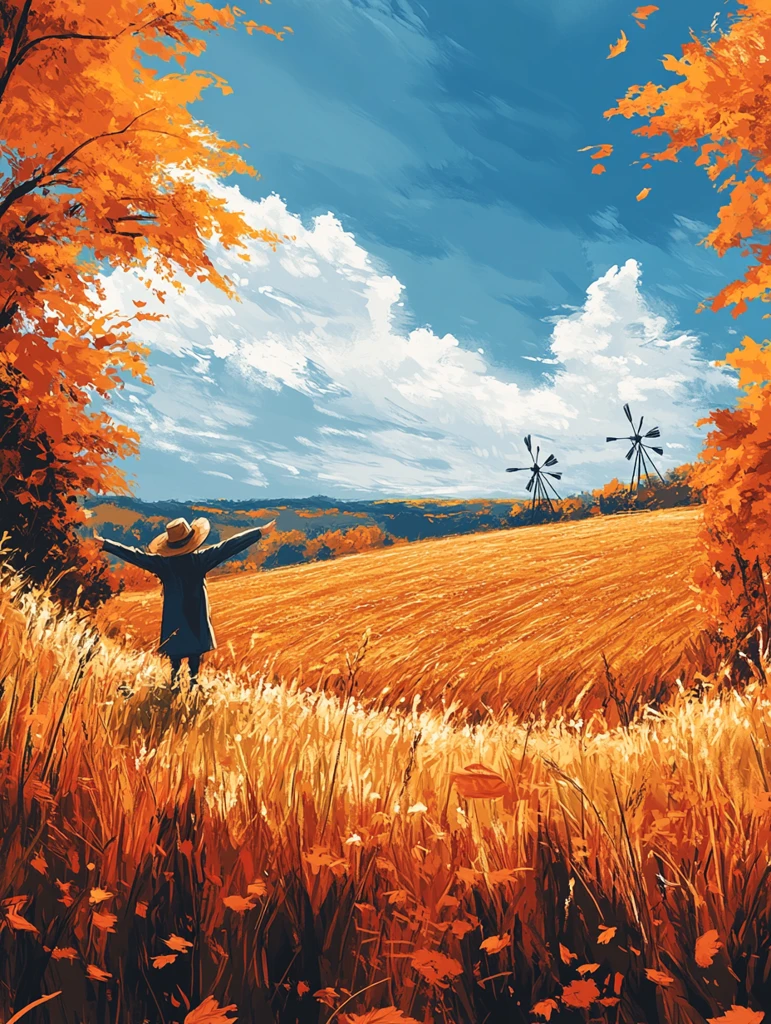 金色稻田与风车