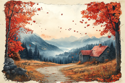 枫叶山间农舍图