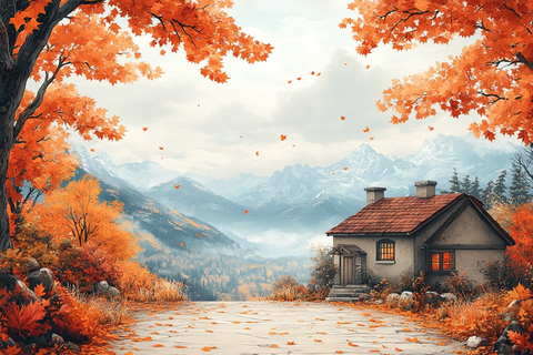 枫叶山间农舍图