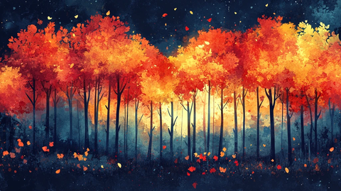 秋夜森林水彩
