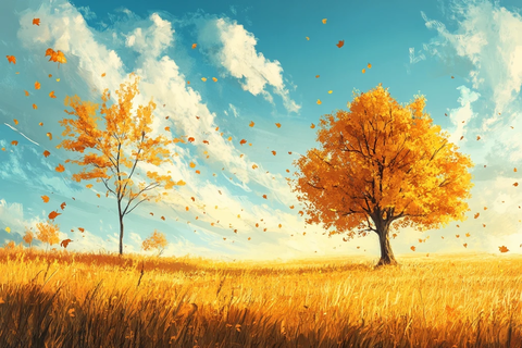 秋日草原天空树