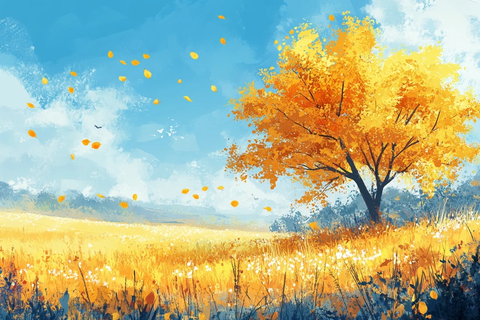 秋日草原天空树