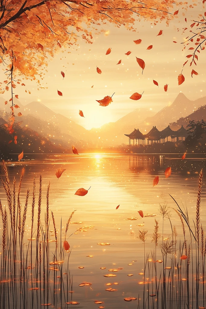 秋叶映水夕阳金