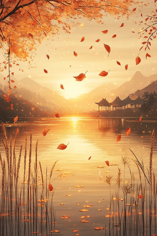 秋叶映水夕阳金