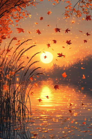 秋叶映水夕阳金