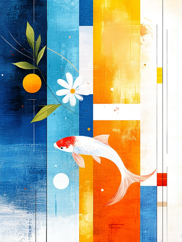 蓝橙粉彩竖纹锦鲤