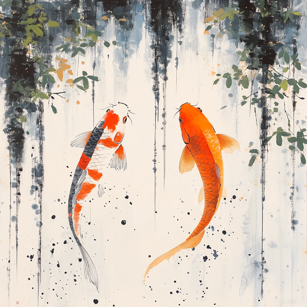 双鲤瀑布图