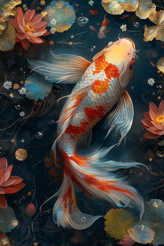 鲤鱼莲花金叶画