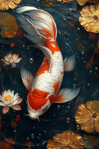 鲤鱼莲花金叶画