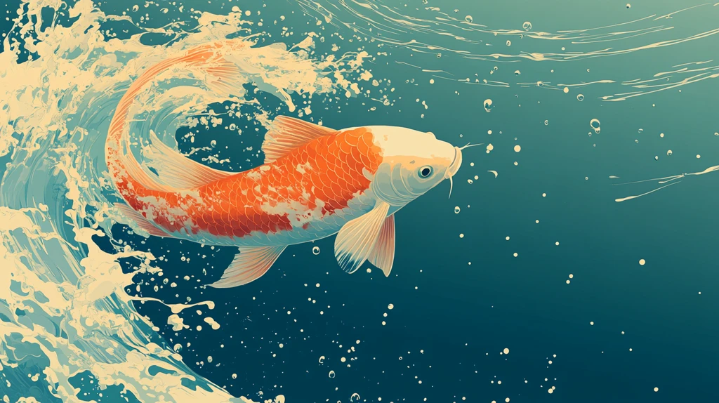 蓝绿水波红鲤鱼