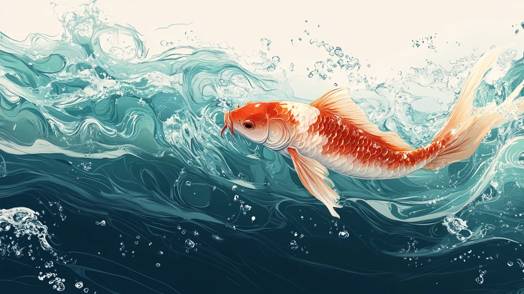 蓝绿水波红鲤鱼