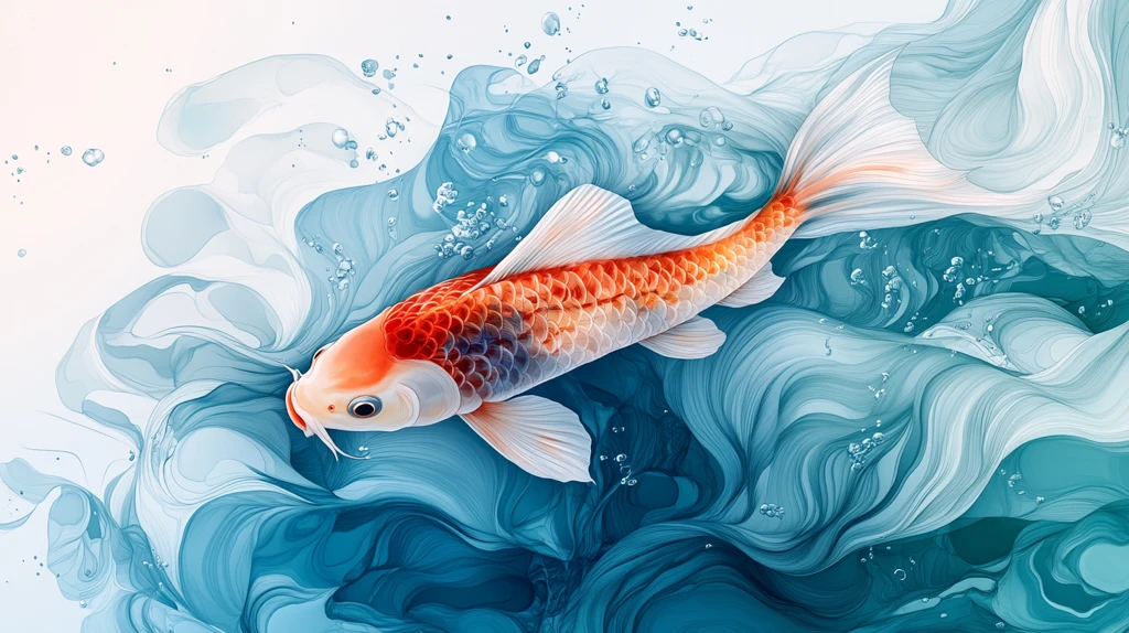 蓝绿水波红鲤鱼