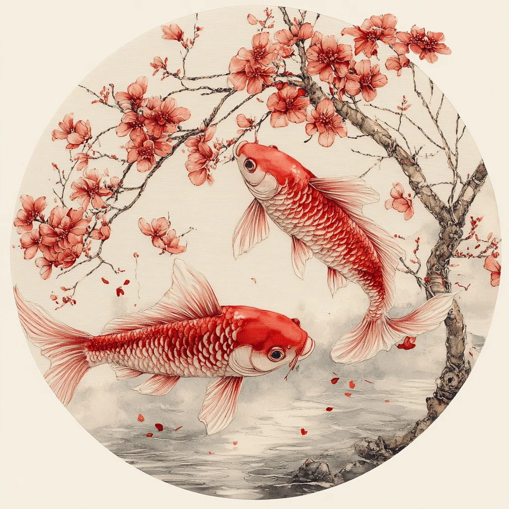 双红鱼圆形绣品